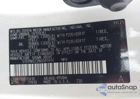 2022 Toyota Sienna Xle z USA, uszkodzony, nr VIN 5TDYRKEC0NS091914